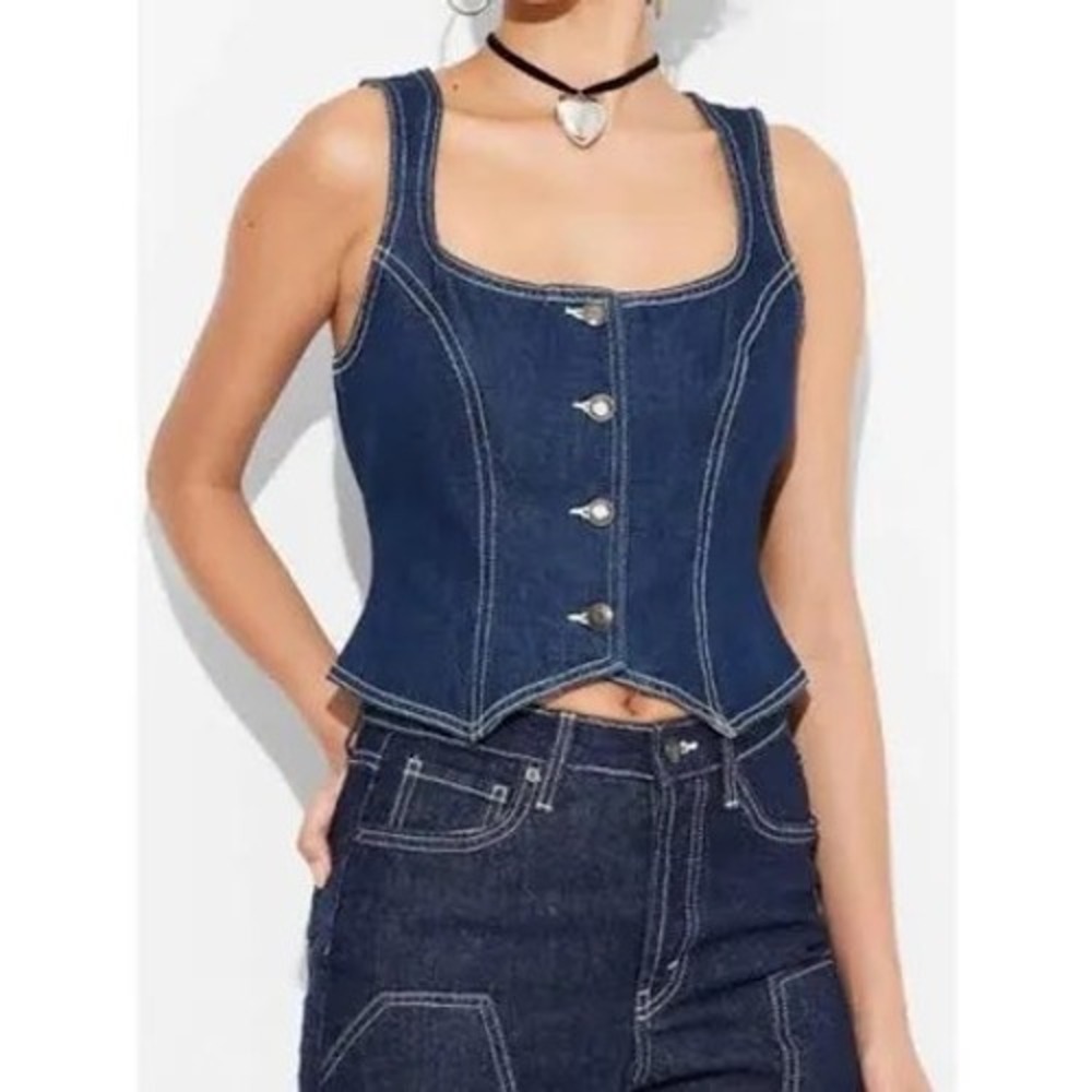 Wild Fable Denim Corset Vest Dark Wash Button Front Cinch Back Top Medium